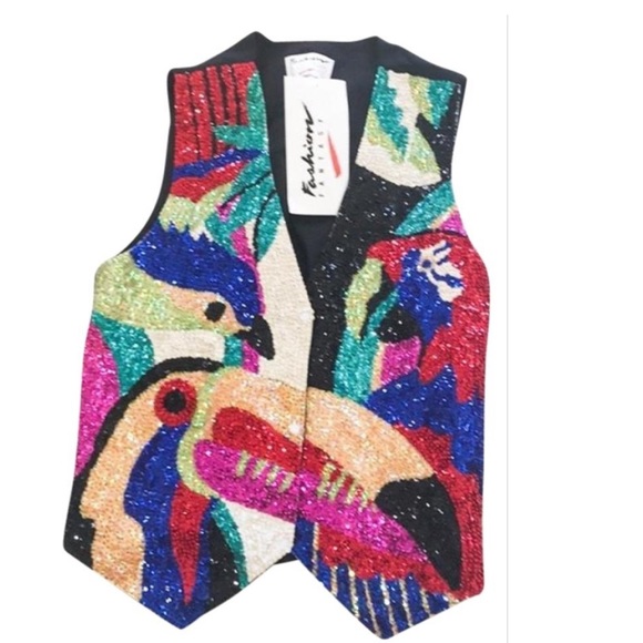 Vintage Jackets & Blazers - NWT Vintage sequin beaded tropical bird glam vest